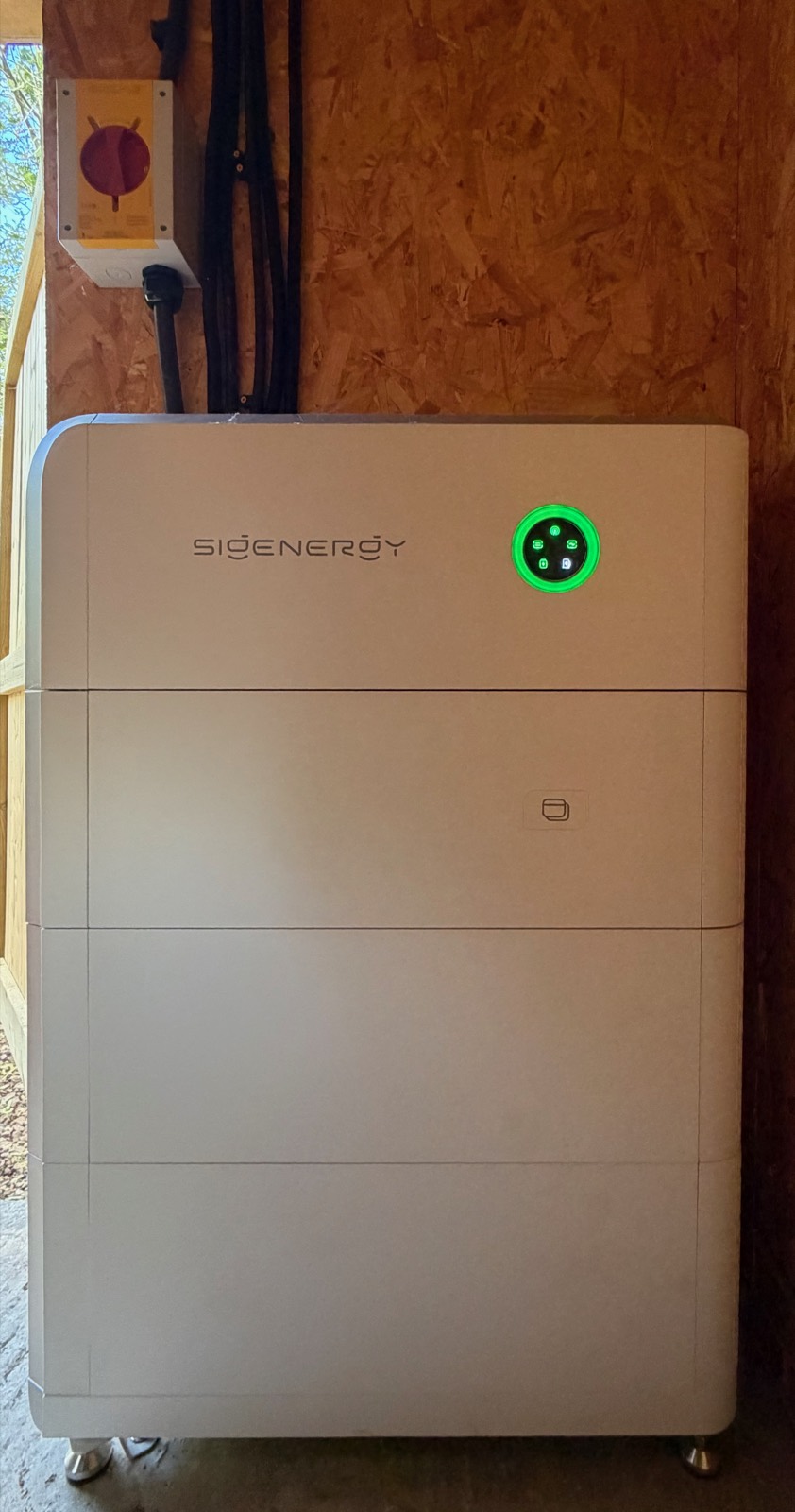 The SigenStor stack indoors: a 30kW three-phase inverter with 18kWh of stacked battery storage.